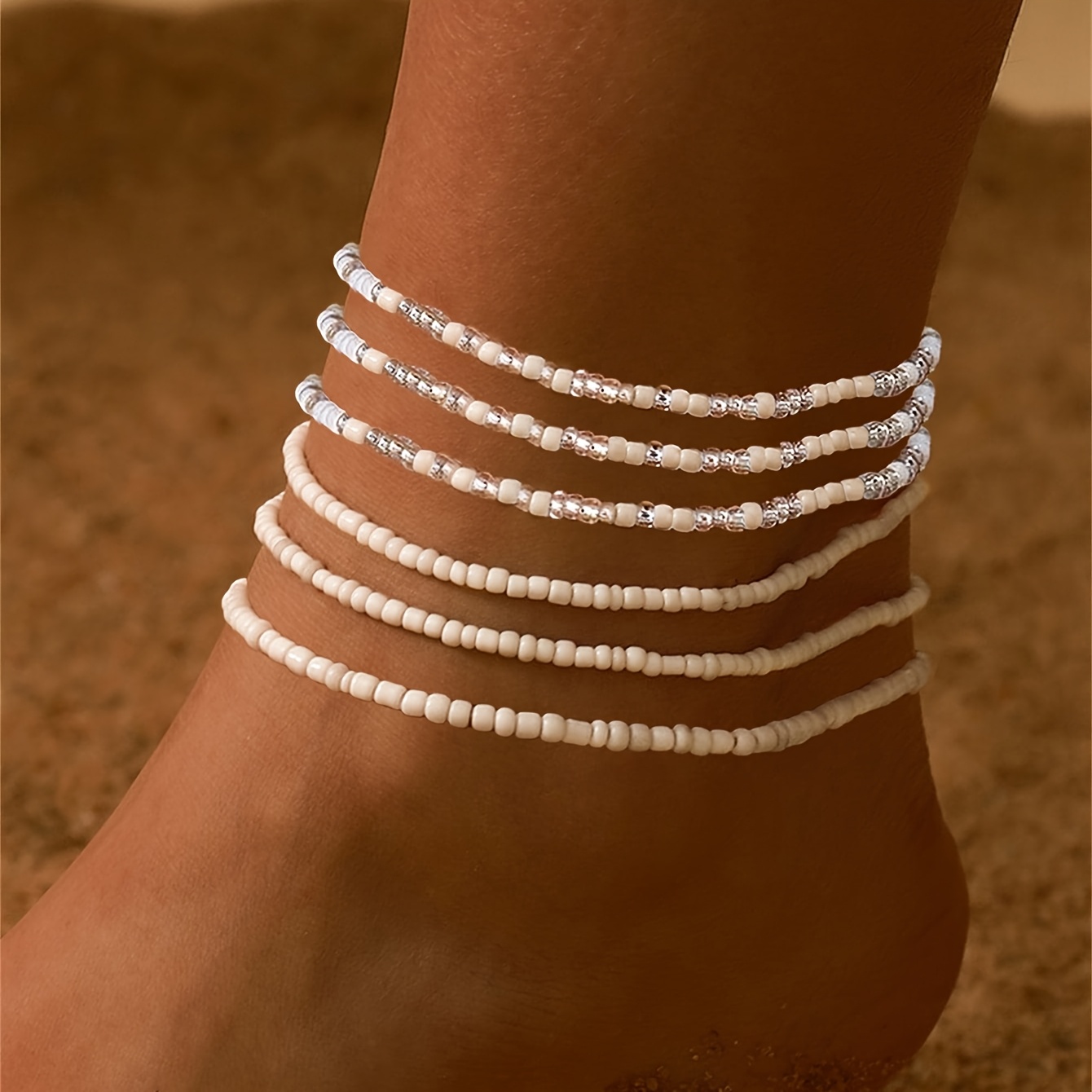 6 Mini Rice Beads Anklet Set in Bohemian Style
